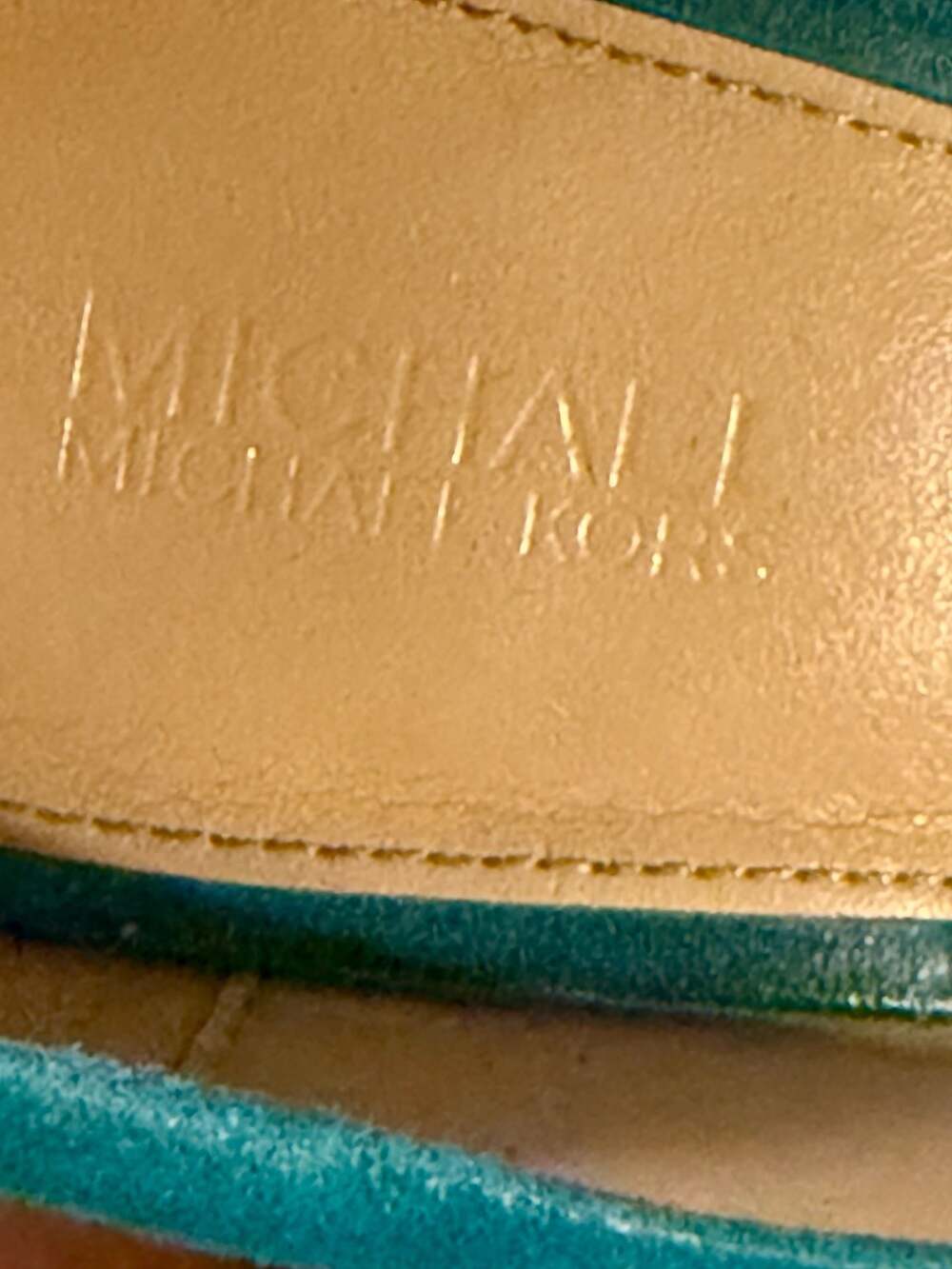 Michael Kors Teal Suede Pumps Pointed Toe Stiletto Heels Turquoise Blue MK Charm - Picture 5 of 10